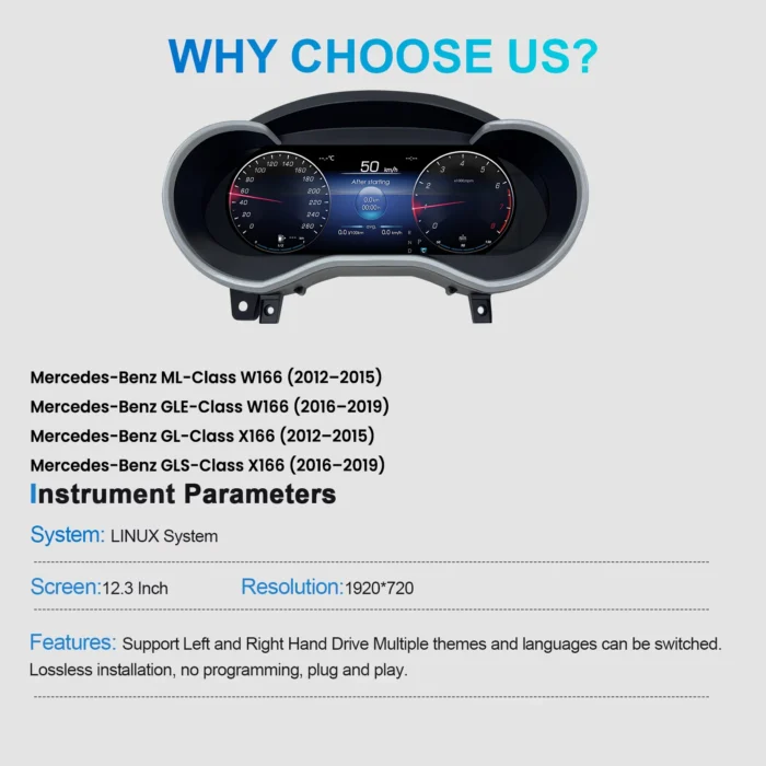 Digital CarPlay Instrument Cluster for Mercedes ML GL GLE GLS W166 X166 2012–2019